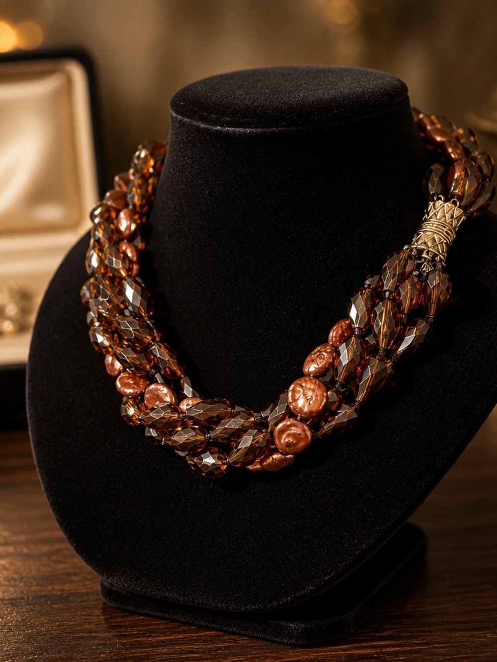 Elegant vintage Multi-Strand Brown/amber color Bead Statement Necklace